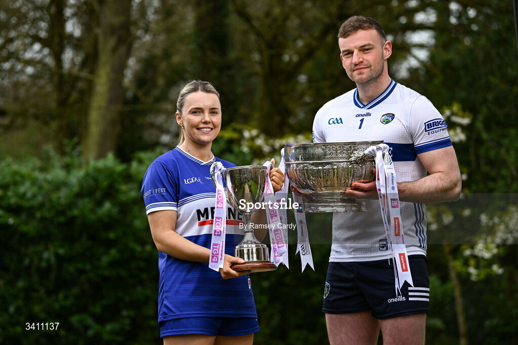 31 March 2026; Andrea Moran and Killian Roche of Laois during the launch of the 2026 Leinster GAA Senior Football and LGFA Championships at Killashee Hotel in Naas, Kildare. Photo by Ramsey Cardy/Sportsfile