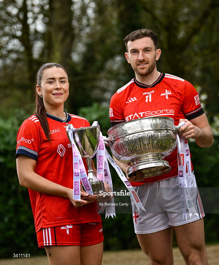 31 March 2026; Áine Breen and Sam Mulroy of Louth during the launch of the 2026 Leinster GAA Senior Football and LGFA Championships at Killashee Hotel in Naas, Kildare. Photo by Ramsey Cardy/Sportsfile