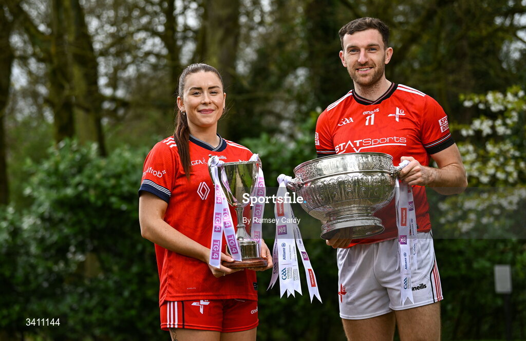 31 March 2026; Áine Breen and Sam Mulroy of Louth during the launch of the 2026 Leinster GAA Senior Football and LGFA Championships at Killashee Hotel in Naas, Kildare. Photo by Ramsey Cardy/Sportsfile
