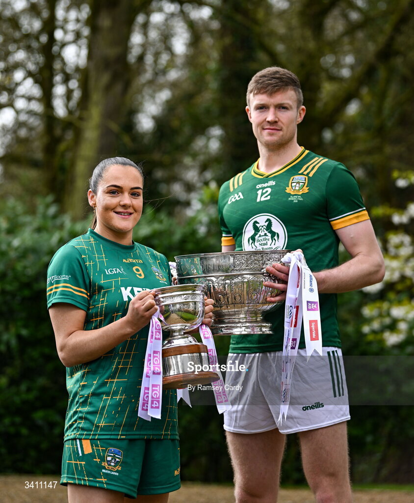 31 March 2026; Cian McBride and Niamh Gallogly of Meath during the launch of the 2026 Leinster GAA Senior Football and LGFA Championships at Killashee Hotel in Naas, Kildare. Photo by Ramsey Cardy/Sportsfile