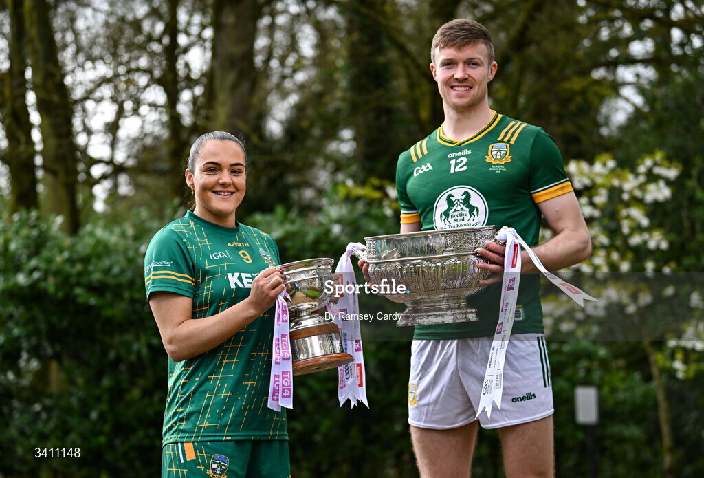 31 March 2026; Cian McBride and Niamh Gallogly of Meath during the launch of the 2026 Leinster GAA Senior Football and LGFA Championships at Killashee Hotel in Naas, Kildare. Photo by Ramsey Cardy/Sportsfile