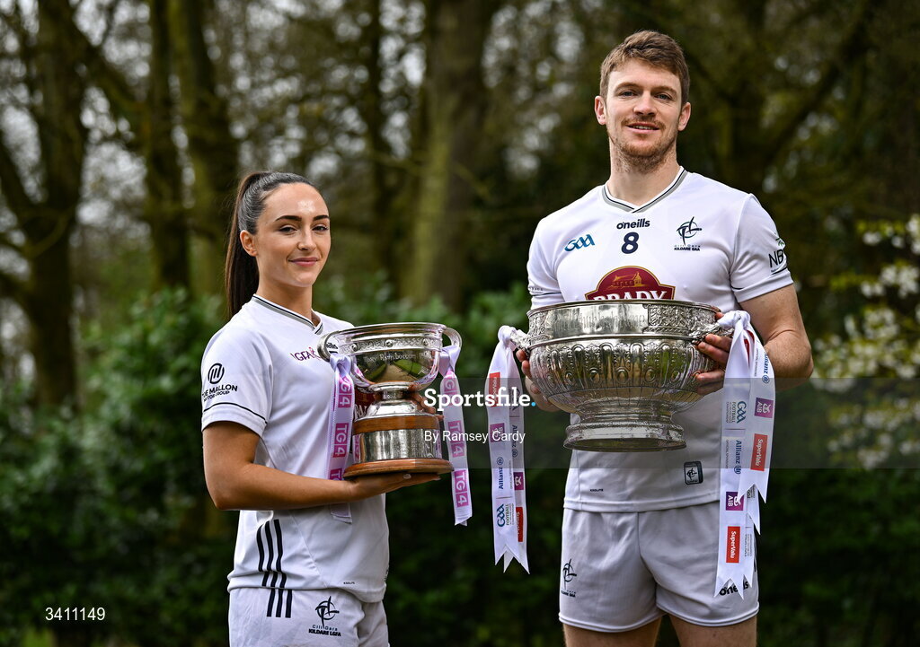 31 March 2026; Laoise Lenehan and Kevin Feely of Kildare during the launch of the 2026 Leinster GAA Senior Football and LGFA Championships at Killashee Hotel in Naas, Kildare. Photo by Ramsey Cardy/Sportsfile