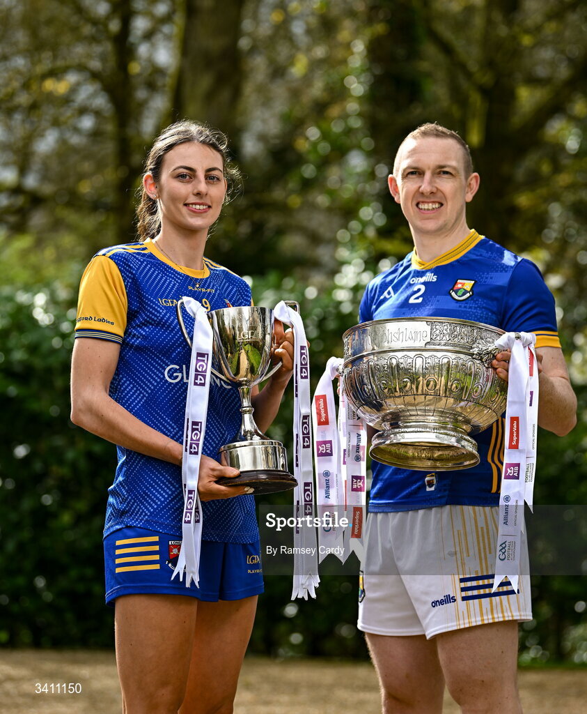 31 March 2026; Shauna Hagan and Paddy Fox of Longford during the launch of the 2026 Leinster GAA Senior Football and LGFA Championships at Killashee Hotel in Naas, Kildare. Photo by Ramsey Cardy/Sportsfile