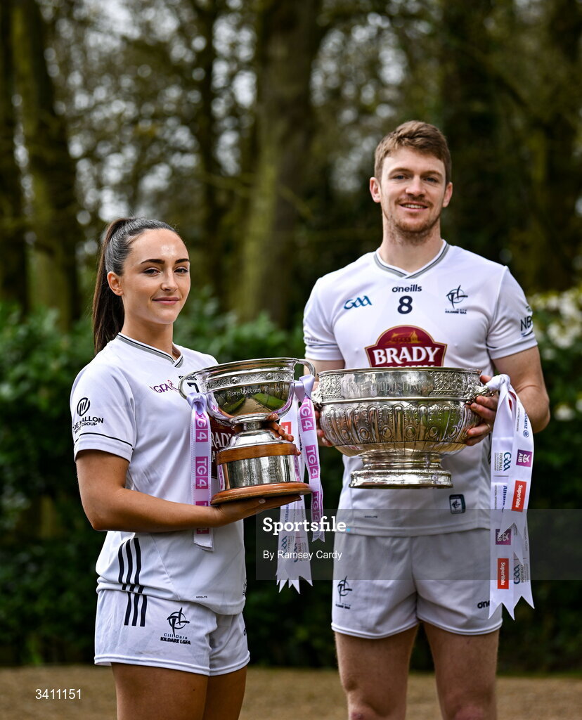 31 March 2026; Laoise Lenehan and Kevin Feely of Kildare during the launch of the 2026 Leinster GAA Senior Football and LGFA Championships at Killashee Hotel in Naas, Kildare. Photo by Ramsey Cardy/Sportsfile