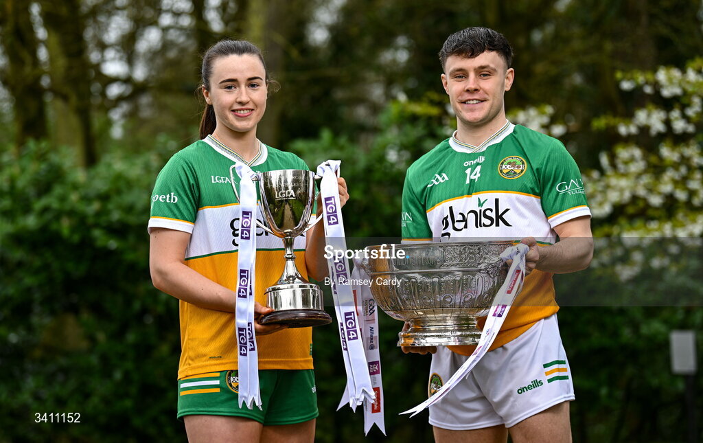 31 March 2026; Michelle Mann and Shane Tierney of Offaly during the launch of the 2026 Leinster GAA Senior Football and LGFA Championships at Killashee Hotel in Naas, Kildare. Photo by Ramsey Cardy/Sportsfile