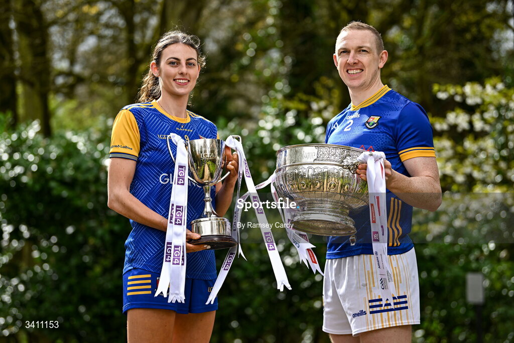 31 March 2026; Shauna Hagan and Paddy Fox of Longford during the launch of the 2026 Leinster GAA Senior Football and LGFA Championships at Killashee Hotel in Naas, Kildare. Photo by Ramsey Cardy/Sportsfile