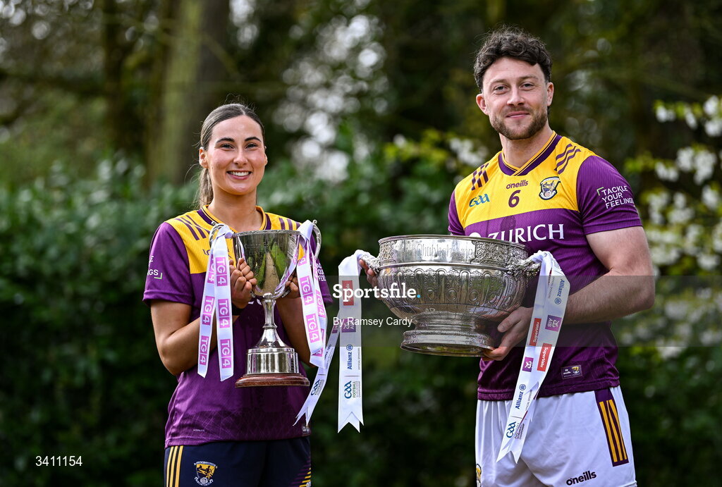 31 March 2026; Aisling Halligan and Eoghan Nolan of Wexford during the launch of the 2026 Leinster GAA Senior Football and LGFA Championships at Killashee Hotel in Naas, Kildare. Photo by Ramsey Cardy/Sportsfile