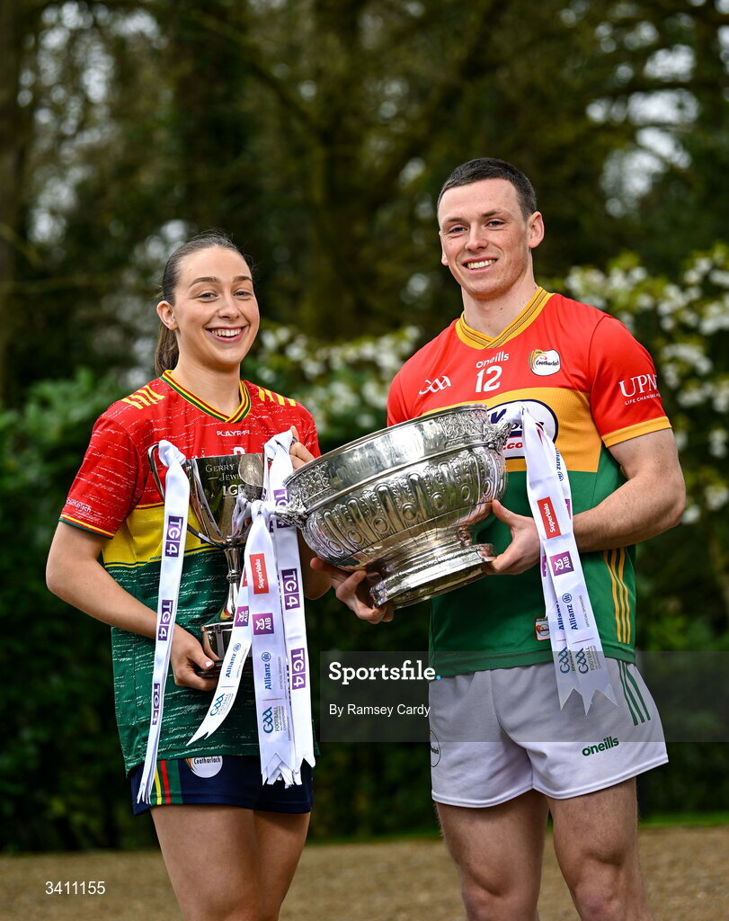 31 March 2026; Roisin Bailey and Mikey Brambrick of Carlow during the launch of the 2026 Leinster GAA Senior Football and LGFA Championships at Killashee Hotel in Naas, Kildare. Photo by Ramsey Cardy/Sportsfile
