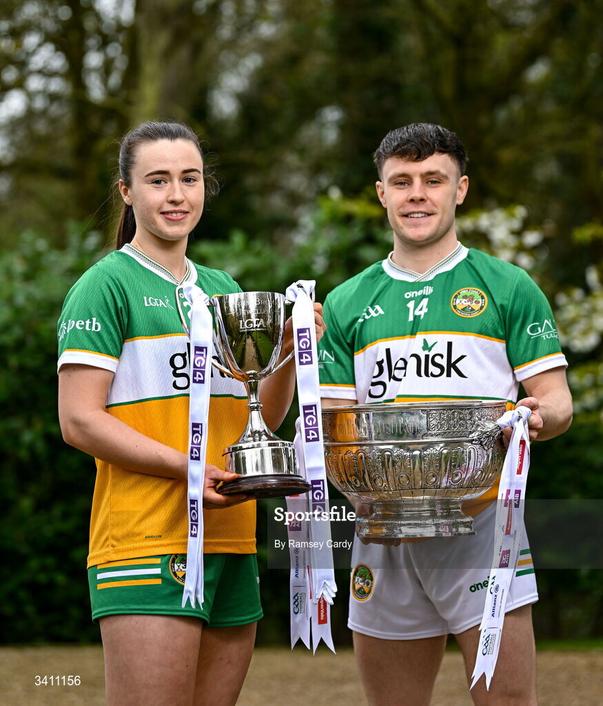 31 March 2026; Michelle Mann and Shane Tierney of Offaly during the launch of the 2026 Leinster GAA Senior Football and LGFA Championships at Killashee Hotel in Naas, Kildare. Photo by Ramsey Cardy/Sportsfile