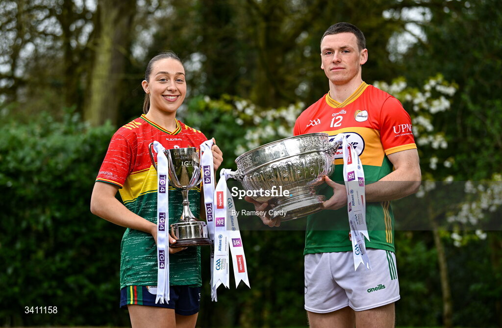 31 March 2026; Roisin Bailey and Mikey Brambrick of Carlow during the launch of the 2026 Leinster GAA Senior Football and LGFA Championships at Killashee Hotel in Naas, Kildare. Photo by Ramsey Cardy/Sportsfile