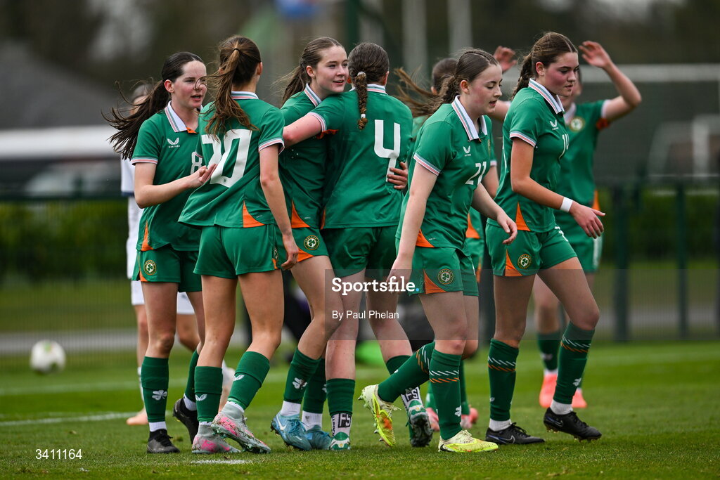 31 March 2026; Hailey Twomey of Republic of Ireland celebrates with her team after scoring her side's first goal during the Girls U16 international friendly match between Repubic of Ireland and Switzerland at the FAI National Training Centre in Abbotstown, Dublin. Photo by Paul Phelan/Sportsfile