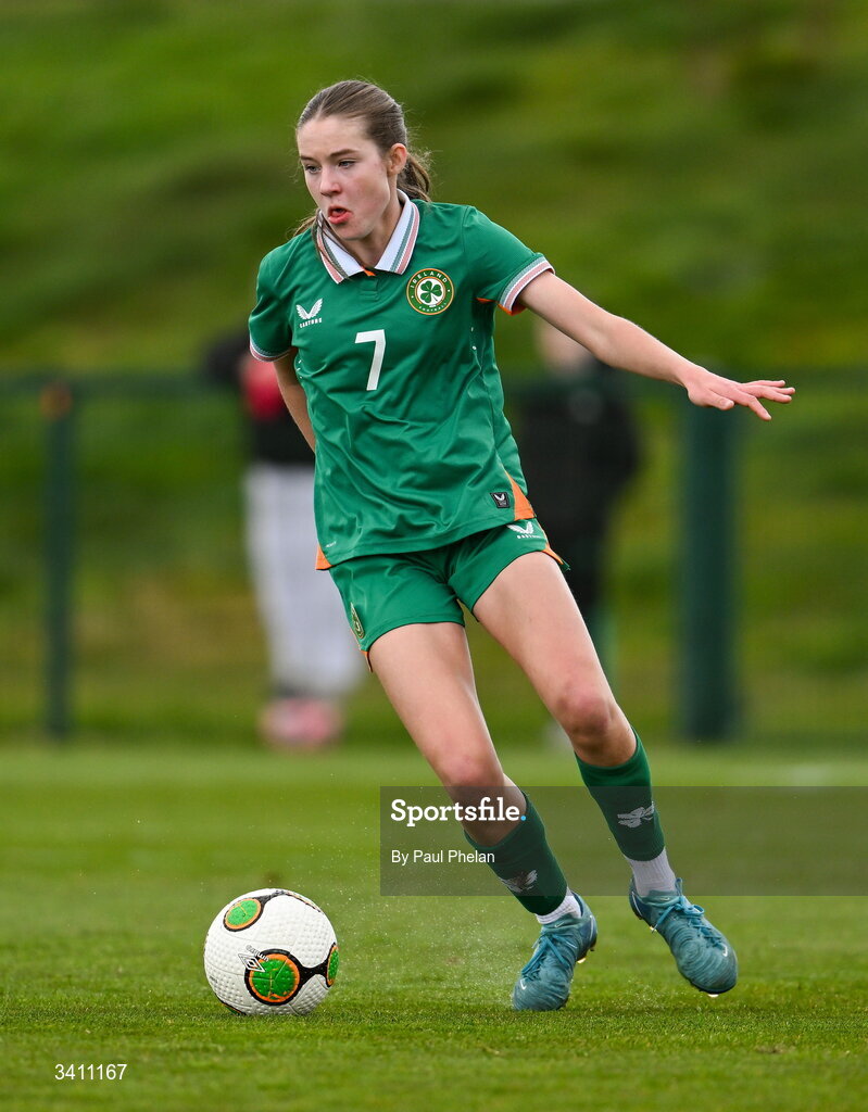 31 March 2026; Hailey Twomey of Republic of Ireland during the Girls U16 international friendly match between Repubic of Ireland and Switzerland at the FAI National Training Centre in Abbotstown, Dublin. Photo by Paul Phelan/Sportsfile