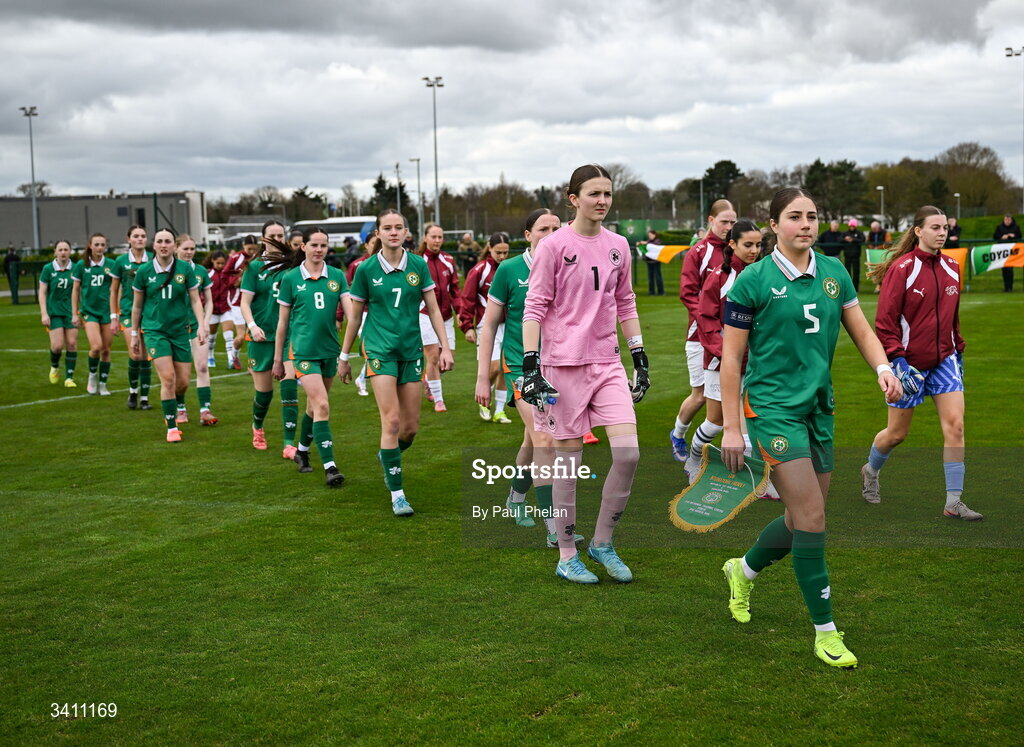 31 March 2026; Republic of Ireland captain Lara Dailaghan leads out her team before the Girls U16 international friendly match between Repubic of Ireland and Switzerland at the FAI National Training Centre in Abbotstown, Dublin. Photo by Paul Phelan/Sportsfile