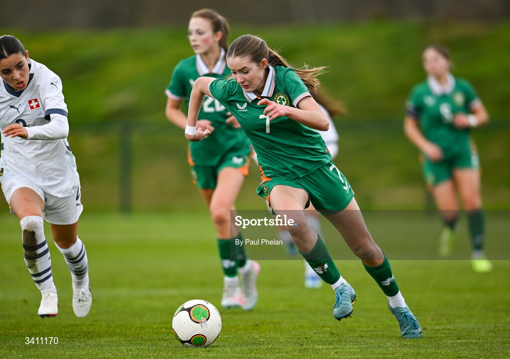 31 March 2026; Hailey Twomey of Republic of Ireland during the Girls U16 international friendly match between Repubic of Ireland and Switzerland at the FAI National Training Centre in Abbotstown, Dublin. Photo by Paul Phelan/Sportsfile