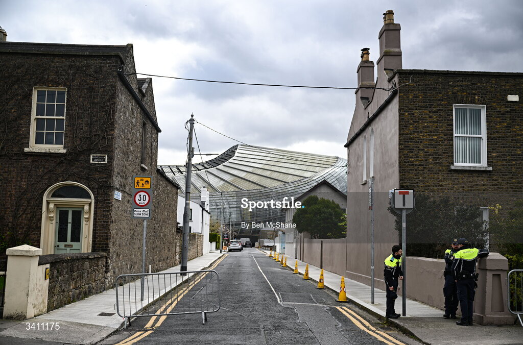 31 March 2026; Members of An Garda Síochána take position at their post on Bath Avenue before the international friendly match between Republic of Ireland and North Macedonia at Aviva Stadium in Dublin. Photo by Ben McShane/Sportsfile