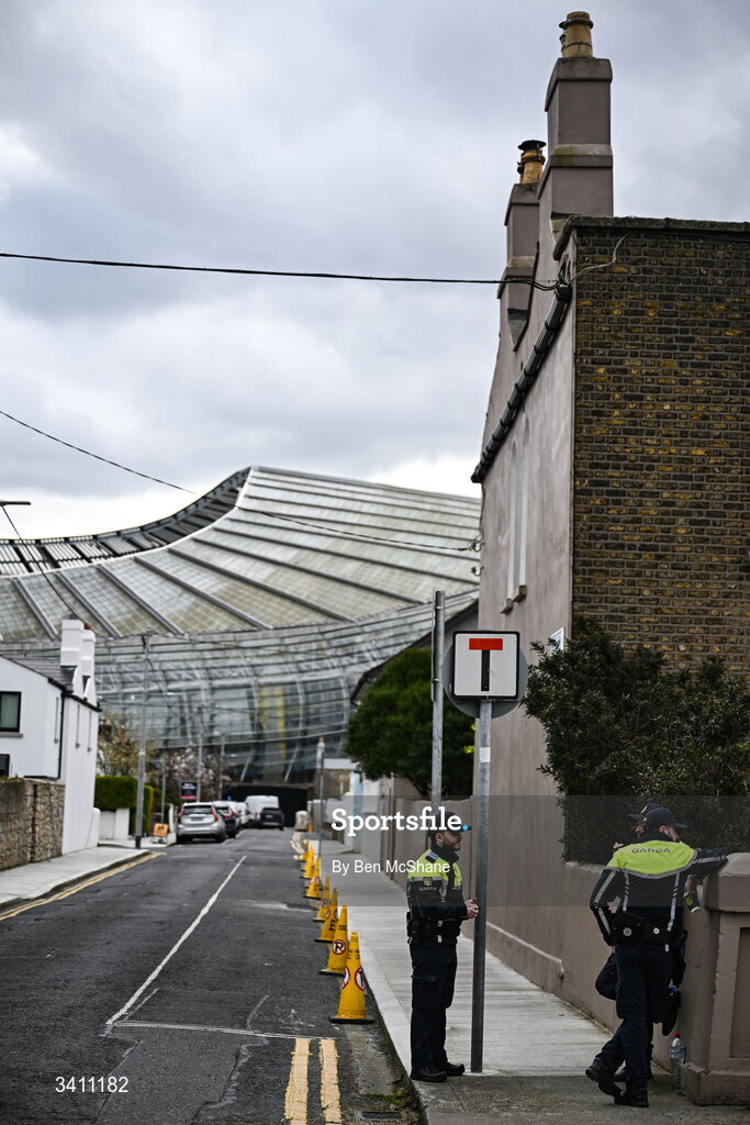 31 March 2026; Members of An Garda Síochána take position at their post on Bath Avenue before the international friendly match between Republic of Ireland and North Macedonia at Aviva Stadium in Dublin. Photo by Ben McShane/Sportsfile