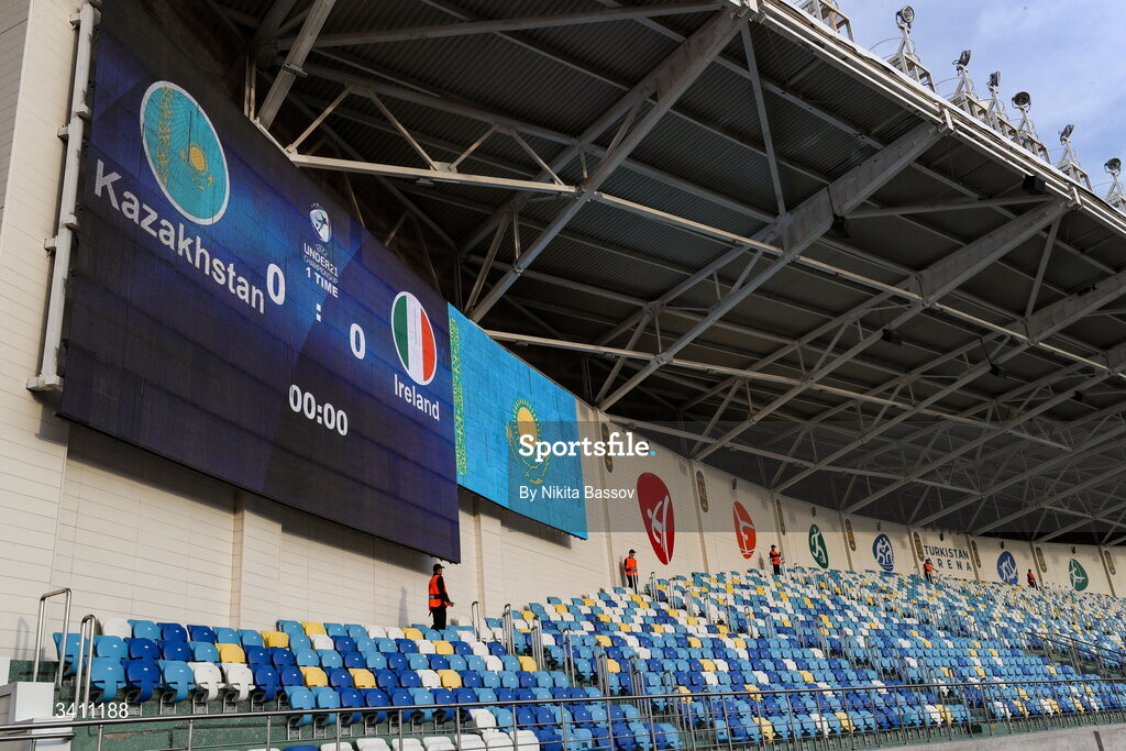 31 March 2026; A general view inside the stadium ahead of the UEFA European U21 Championship qualifier match between Kazakhstan and Republic of Ireland at Turkistan Arena in Turkeistan, Kazakhstan. Photo by Nikita Bassov/Sportsfile