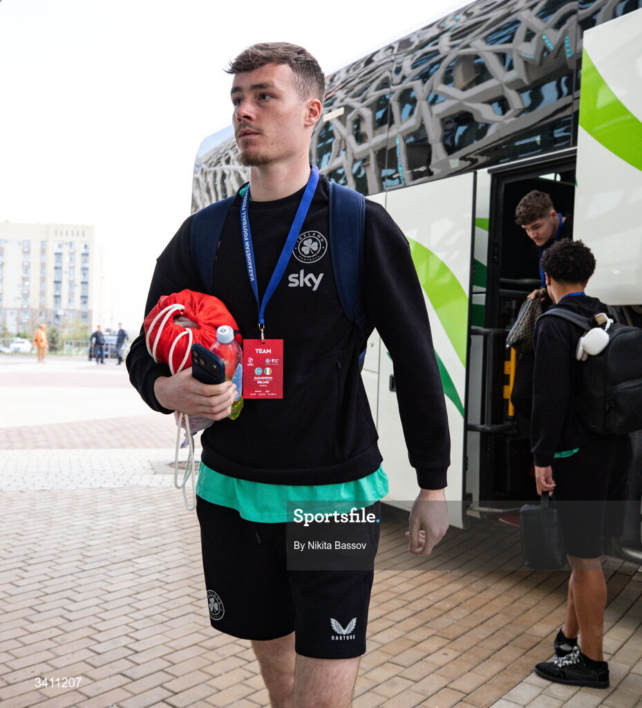 31 March 2026; Republic of Ireland goalkeeper Noah Jauny before the UEFA European U21 Championship qualifier match between Kazakhstan and Republic of Ireland at Turkistan Arena in Turkeistan, Kazakhstan. Photo by Nikita Bassov/Sportsfile