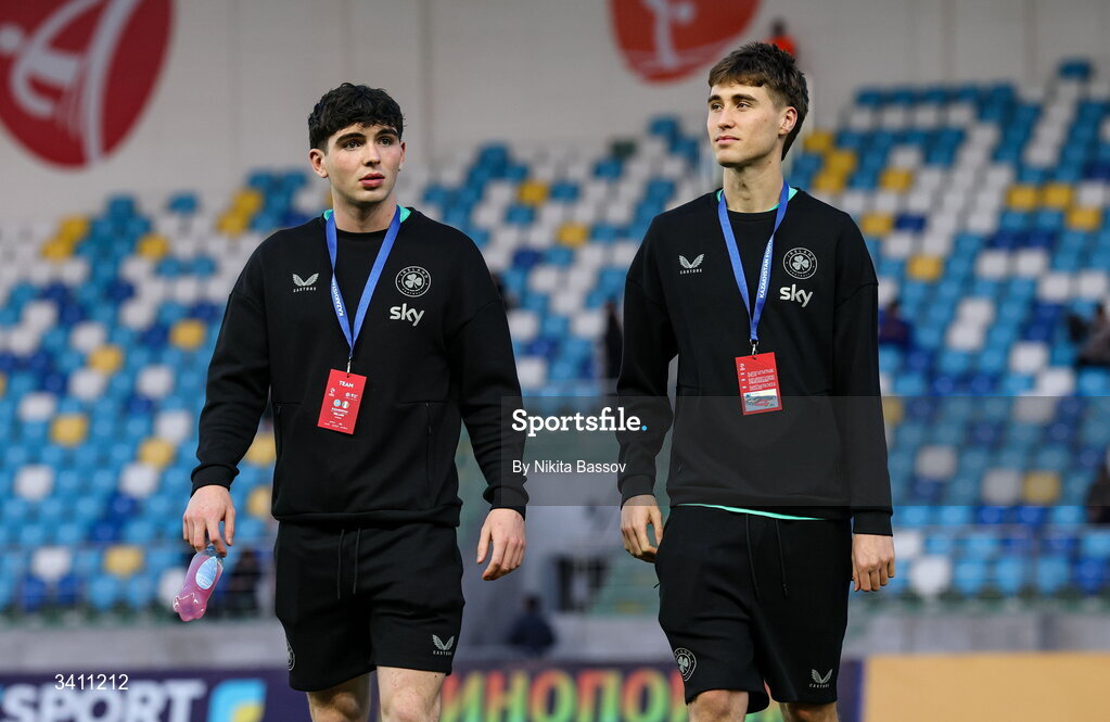 31 March 2026; Sean Patton, left, and Cathal McCarthy of Republic of Ireland before the UEFA European U21 Championship qualifier match between Kazakhstan and Republic of Ireland at Turkistan Arena in Turkeistan, Kazakhstan. Photo by Nikita Bassov/Sportsfile