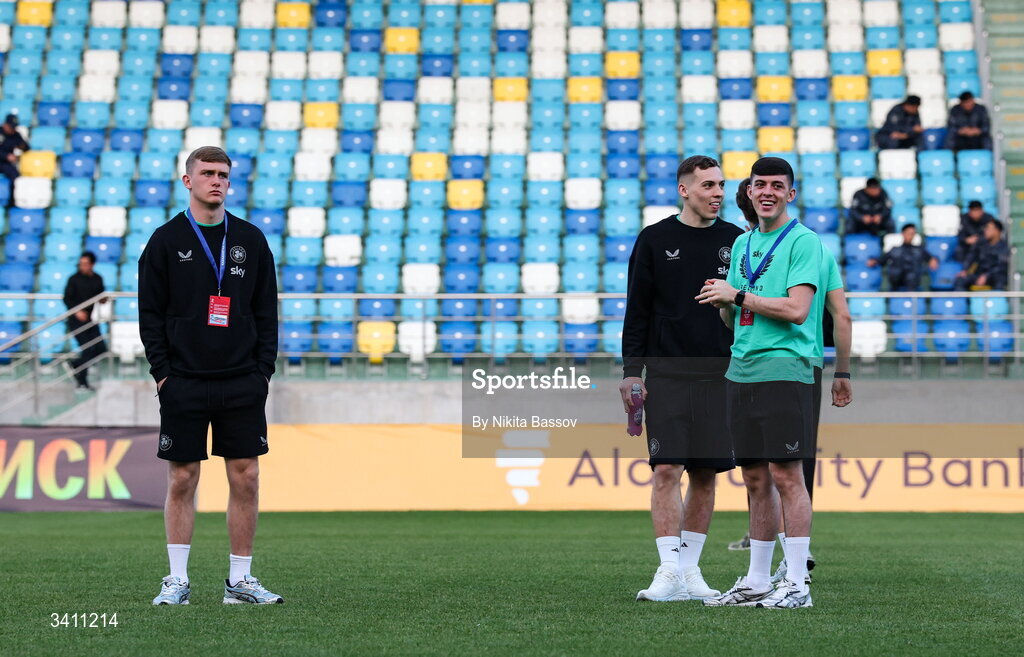 31 March 2026; Republic of Ireland players, from left, Michael Noonan, Darius Lipsiuc and Cory O'Sullivan before the UEFA European U21 Championship qualifier match between Kazakhstan and Republic of Ireland at Turkistan Arena in Turkeistan, Kazakhstan. Photo by Nikita Bassov/Sportsfile