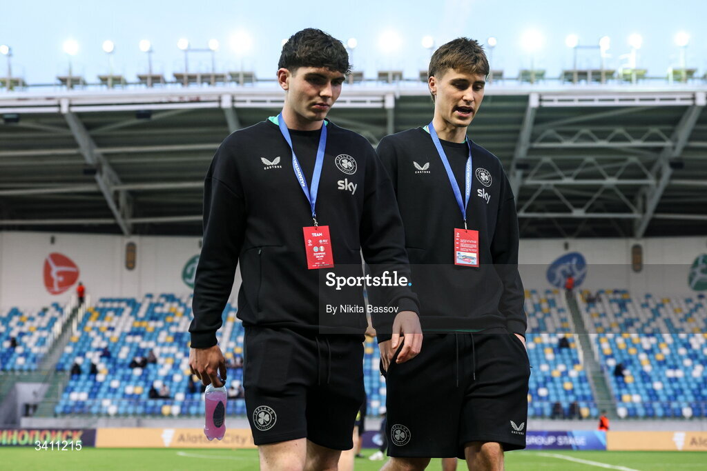 31 March 2026; Sean Patton, left, and Cathal McCarthy of Republic of Ireland before the UEFA European U21 Championship qualifier match between Kazakhstan and Republic of Ireland at Turkistan Arena in Turkeistan, Kazakhstan. Photo by Nikita Bassov/Sportsfile