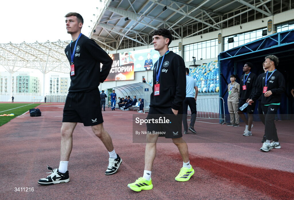 31 March 2026; Republic of Ireland goalkeeper Noah Jauny, left, and Aaron Ochoa Moloney of Republic of Ireland before the UEFA European U21 Championship qualifier match between Kazakhstan and Republic of Ireland at Turkistan Arena in Turkeistan, Kazakhstan. Photo by Nikita Bassov/Sportsfile
