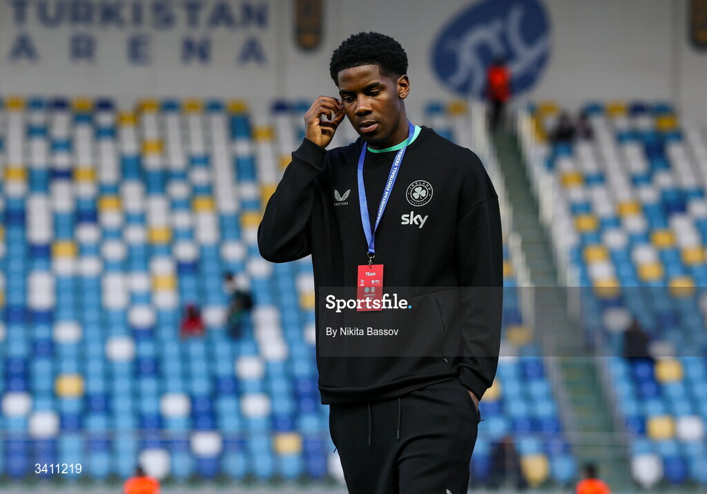 31 March 2026; Romeo Akachukwu of Republic of Ireland before the UEFA European U21 Championship qualifier match between Kazakhstan and Republic of Ireland at Turkistan Arena in Turkeistan, Kazakhstan. Photo by Nikita Bassov/Sportsfile