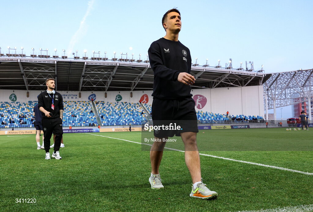 31 March 2026; Thomas Lonergan of Republic of Ireland before the UEFA European U21 Championship qualifier match between Kazakhstan and Republic of Ireland at Turkistan Arena in Turkeistan, Kazakhstan. Photo by Nikita Bassov/Sportsfile