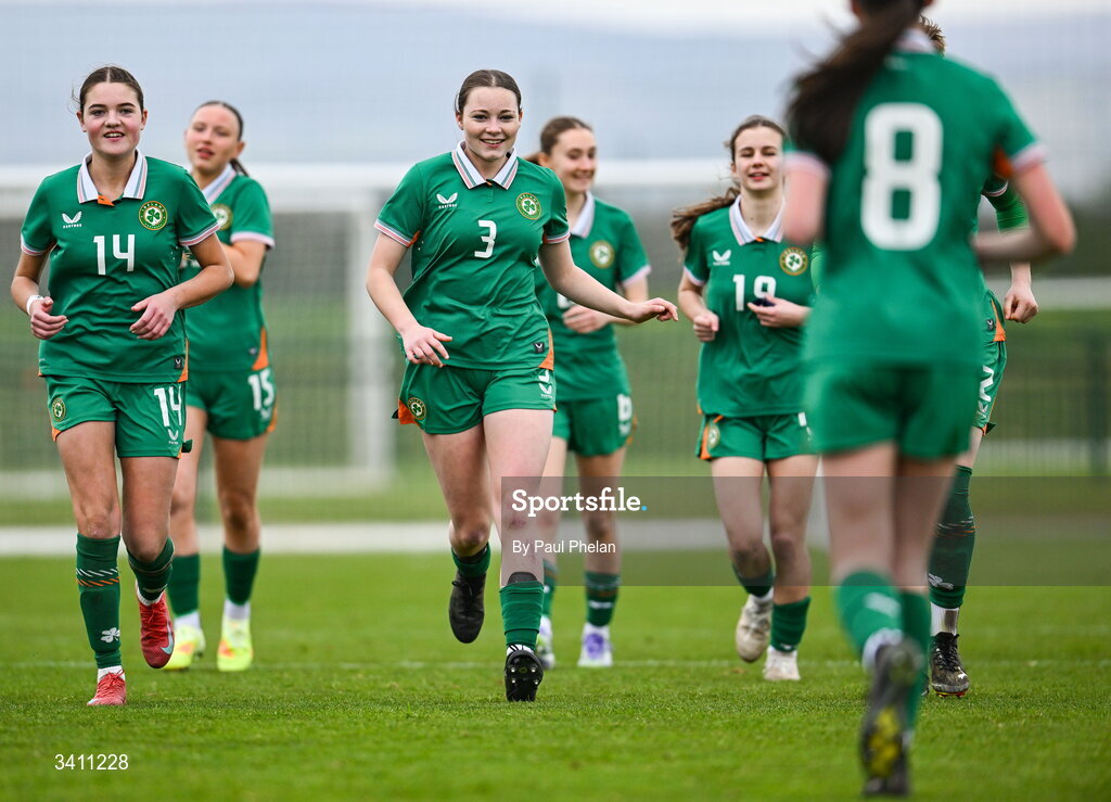 31 March 2026; Keelin Donnelly Meehan of Republic of Ireland runs to congratulate Ellen Goggin for scoring the winning penalty in the penalty shoot-out after the Girls U16 international friendly match ended 1-1 between Repubic of Ireland and Switzerland at the FAI National Training Centre in Abbotstown, Dublin. Photo by Paul Phelan/Sportsfile