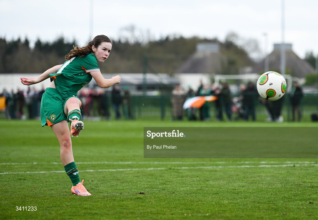 31 March 2026; Maisie Healy of Republic of Ireland scores a penalty in the penalty shoot-out after the Girls U16 international friendly match ended 1-1 between Repubic of Ireland and Switzerland at the FAI National Training Centre in Abbotstown, Dublin. Photo by Paul Phelan/Sportsfile
