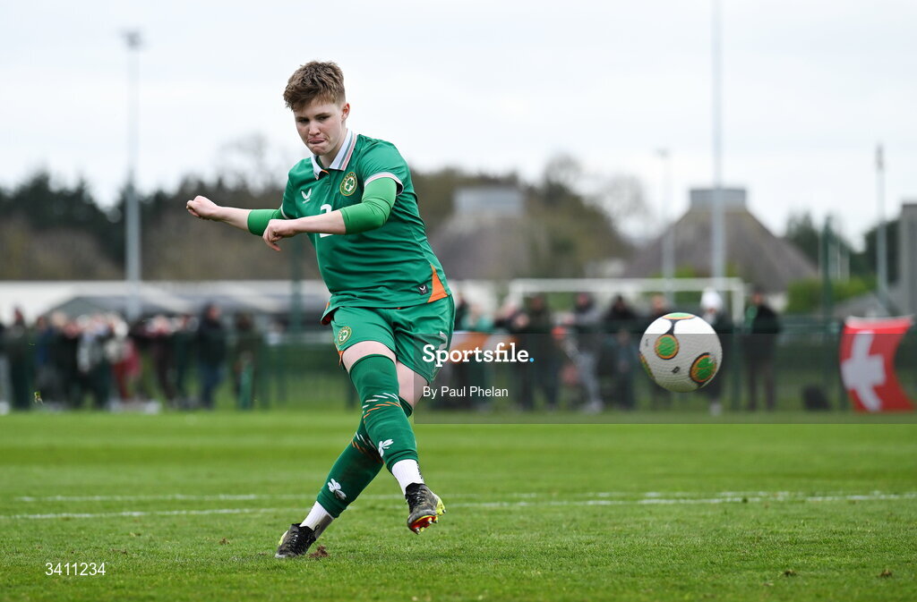 31 March 2026; Leah O'Leary Callendar of Republic of Ireland scores a penalty in the penalty shoot-out after the Girls U16 international friendly match ended 1-1 between Repubic of Ireland and Switzerland at the FAI National Training Centre in Abbotstown, Dublin. Photo by Paul Phelan/Sportsfile