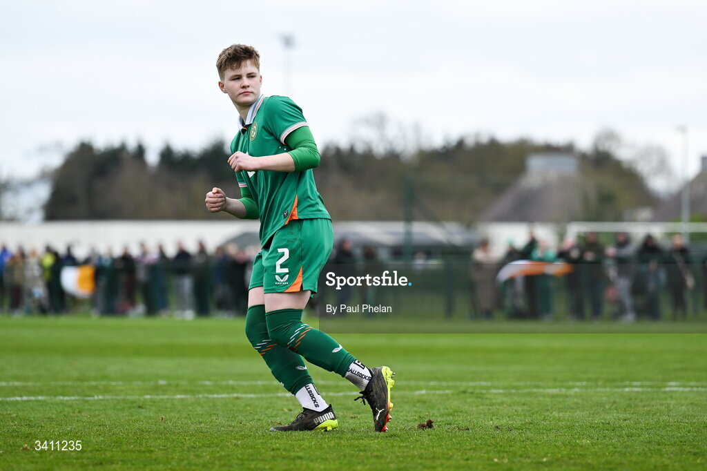 31 March 2026; Leah O'Leary Callendar of Republic of Ireland celebrates scoaring a penalty in the penalty shoot-out after the Girls U16 international friendly match ended 1-1 between Repubic of Ireland and Switzerland at the FAI National Training Centre in Abbotstown, Dublin. Photo by Paul Phelan/Sportsfile