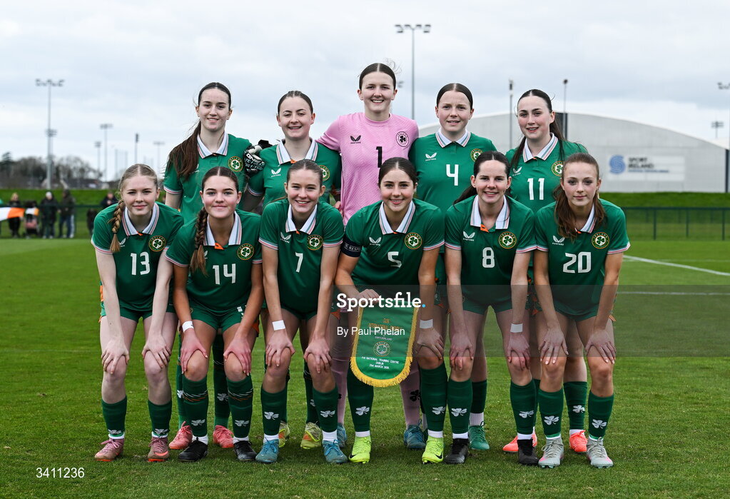 31 March 2026; The Republic of Ireland team before the Girls U16 international friendly match between Repubic of Ireland and Switzerland at the FAI National Training Centre in Abbotstown, Dublin. Photo by Paul Phelan/Sportsfile