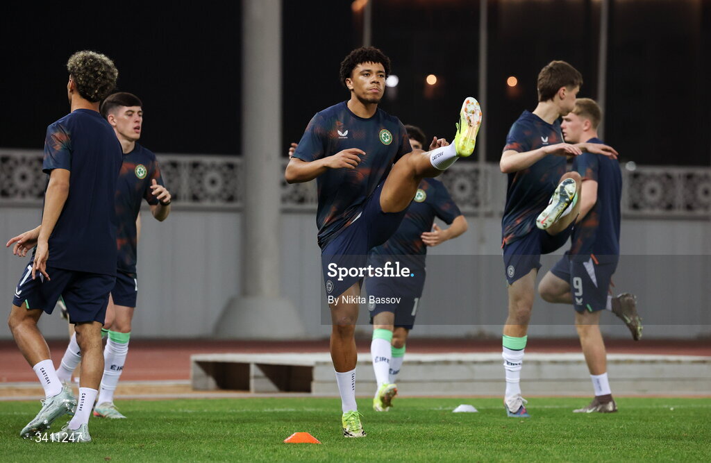 31 March 2026; Leon Ayinde of Republic of Ireland, centre, and his teammates before the UEFA European U21 Championship qualifier match between Kazakhstan and Republic of Ireland at Turkistan Arena in Turkeistan, Kazakhstan. Photo by Nikita Bassov/Sportsfile