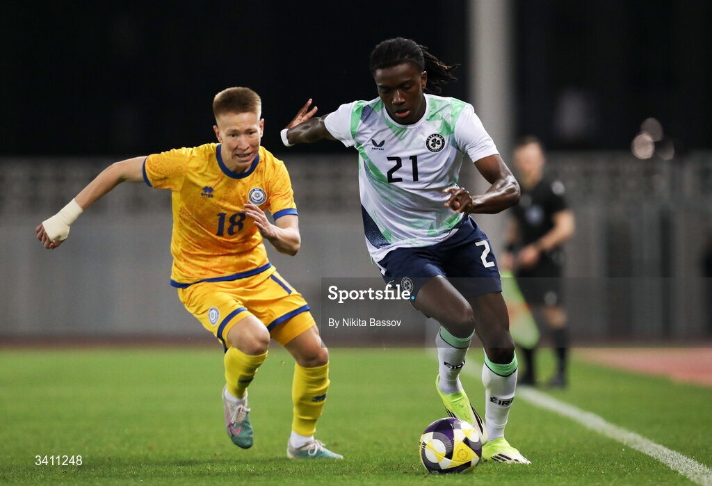 31 March 2026; Jaden Umeh of Republic of Ireland in action against Zhassulan Amir of Kazakhstan during the UEFA European U21 Championship qualifier match between Kazakhstan and Republic of Ireland at Turkistan Arena in Turkeistan, Kazakhstan. Photo by Nikita Bassov/Sportsfile