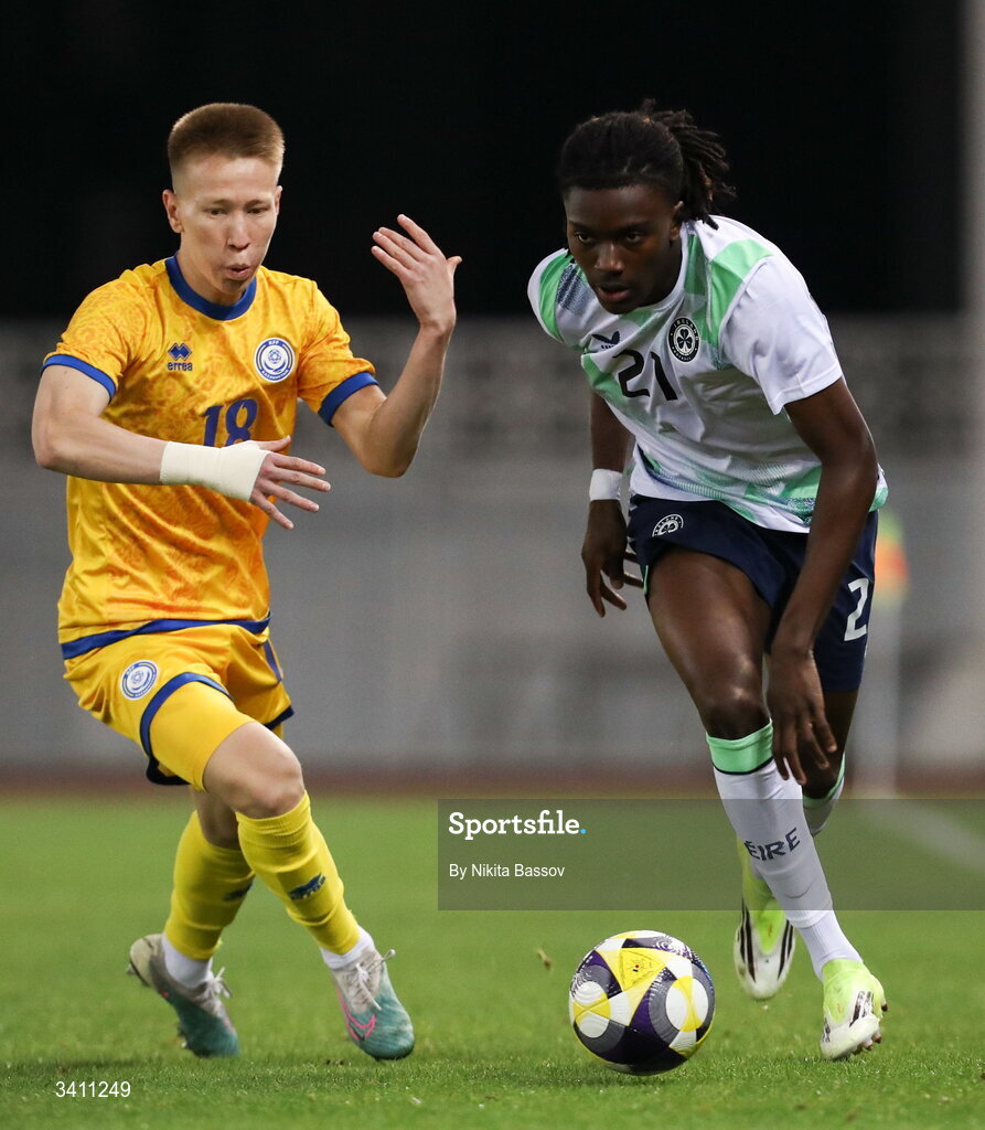 31 March 2026; Jaden Umeh of Republic of Ireland in action against Zhassulan Amir of Kazakhstan during the UEFA European U21 Championship qualifier match between Kazakhstan and Republic of Ireland at Turkistan Arena in Turkeistan, Kazakhstan. Photo by Nikita Bassov/Sportsfile