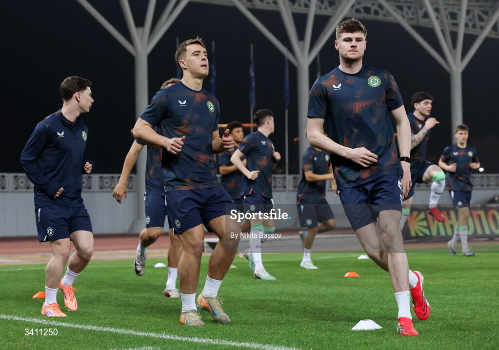 31 March 2026; Alex Murphy of Republic of Ireland, right, and teammates before the UEFA European U21 Championship qualifier match between Kazakhstan and Republic of Ireland at Turkistan Arena in Turkeistan, Kazakhstan. Photo by Nikita Bassov/Sportsfile