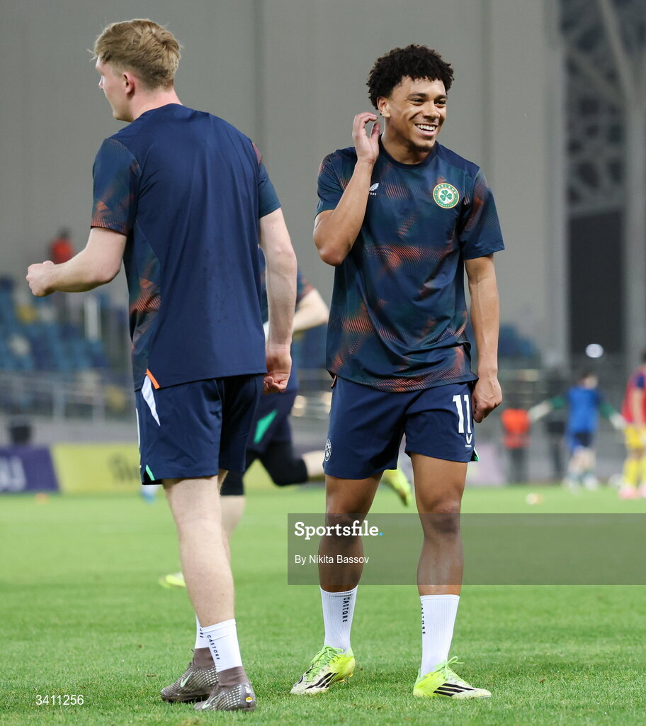 31 March 2026; Leon Ayinde, right, and Michael Noonan of Republic of Ireland before the UEFA European U21 Championship qualifier match between Kazakhstan and Republic of Ireland at Turkistan Arena in Turkeistan, Kazakhstan. Photo by Nikita Bassov/Sportsfile