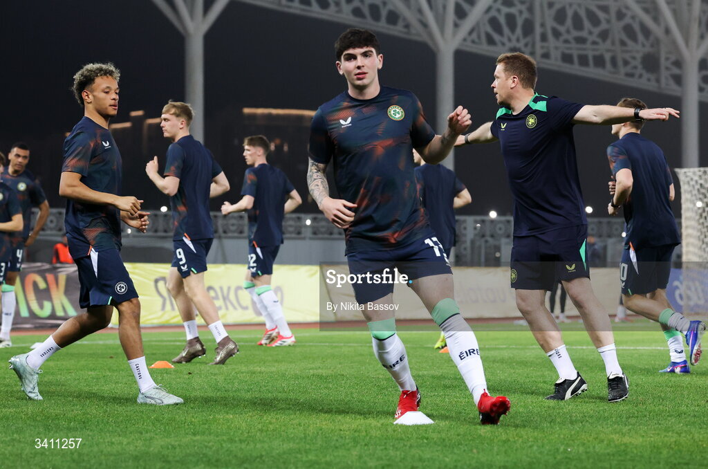 31 March 2026; Sean Patton of Republic of Ireland and teammates before the UEFA European U21 Championship qualifier match between Kazakhstan and Republic of Ireland at Turkistan Arena in Turkeistan, Kazakhstan. Photo by Nikita Bassov/Sportsfile