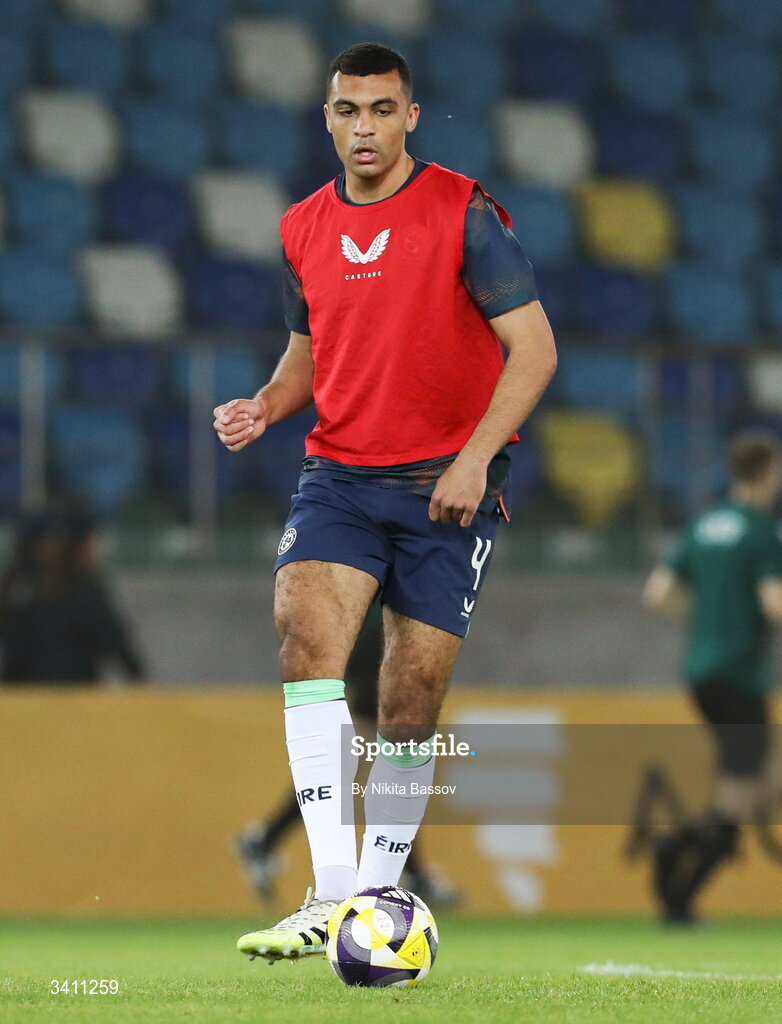 31 March 2026; David Okagbue of Republic of Ireland before the UEFA European U21 Championship qualifier match between Kazakhstan and Republic of Ireland at Turkistan Arena in Turkeistan, Kazakhstan. Photo by Nikita Bassov/Sportsfile