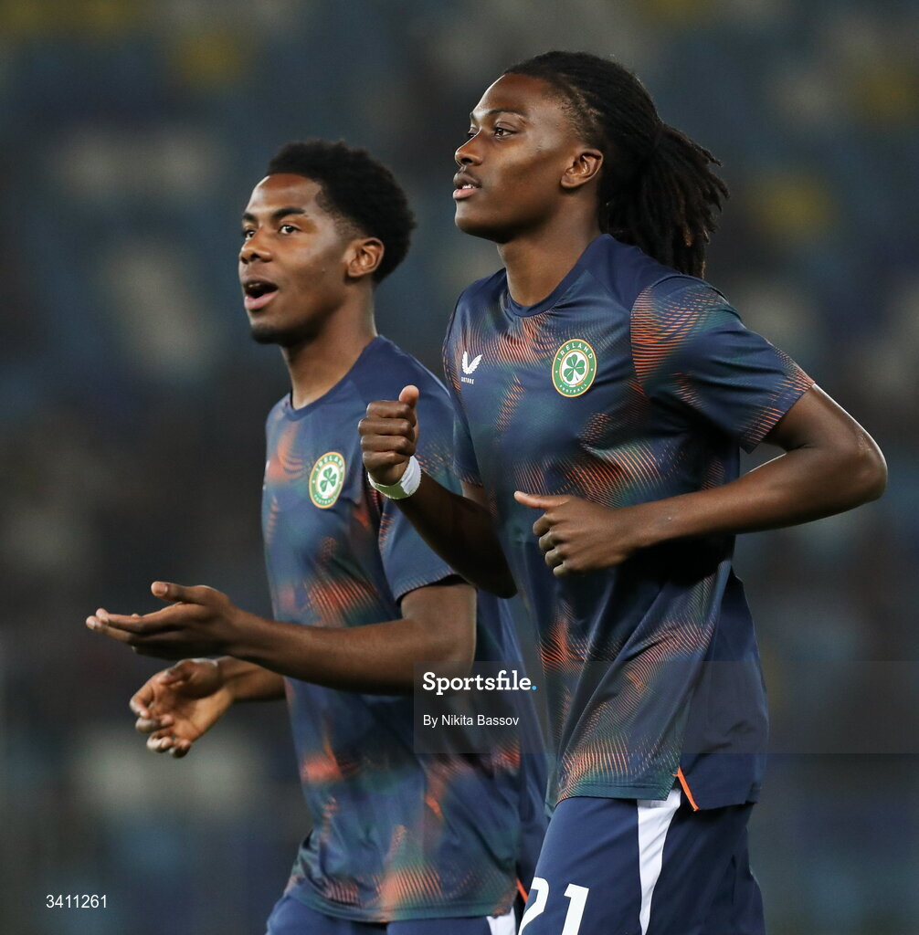 31 March 2026; Jaden Umeh, right, and Romeo Akachukwu of Republic of Ireland before the UEFA European U21 Championship qualifier match between Kazakhstan and Republic of Ireland at Turkistan Arena in Turkeistan, Kazakhstan. Photo by Nikita Bassov/Sportsfile