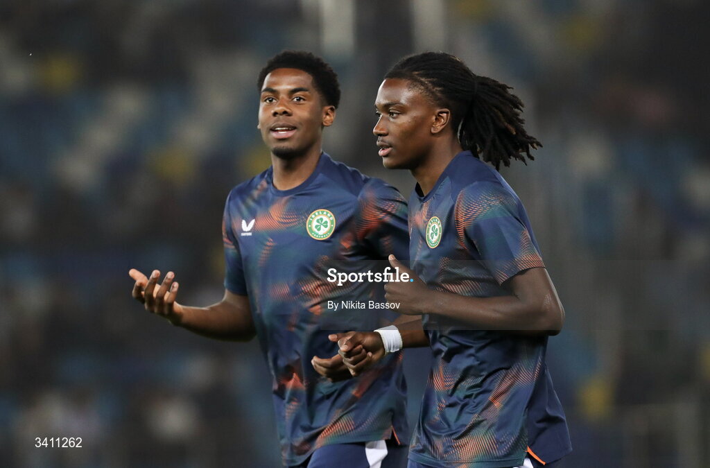 31 March 2026; Jaden Umeh, right, and Romeo Akachukwu of Republic of Ireland before the UEFA European U21 Championship qualifier match between Kazakhstan and Republic of Ireland at Turkistan Arena in Turkeistan, Kazakhstan. Photo by Nikita Bassov/Sportsfile