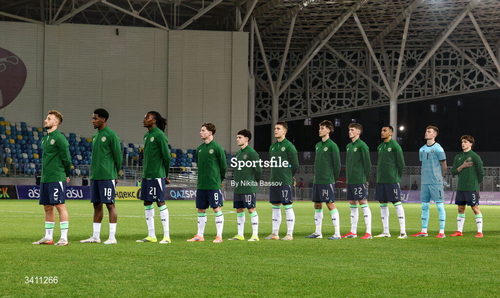 31 March 2026; The Republic of Ireland team before the UEFA European U21 Championship qualifier match between Kazakhstan and Republic of Ireland at Turkistan Arena in Turkeistan, Kazakhstan. Photo by Nikita Bassov/Sportsfile