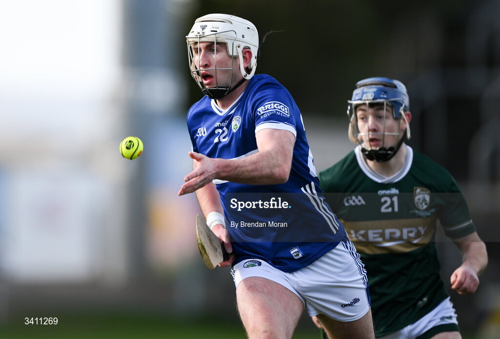 28 March 2026; Gearoid Lynch of Laois in action against Ivan Conway of Kerry during the Allianz Hurling League Division 2 final match between Laois and Kerry at Laois Hire O'Moore Park in Portlaoise, Laois. Photo by Brendan Moran/Sportsfile