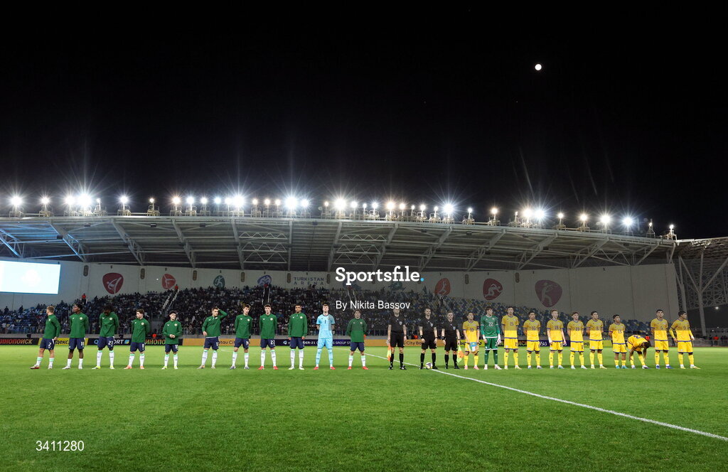 31 March 2026; The two teams line up before the UEFA European U21 Championship qualifier match between Kazakhstan and Republic of Ireland at Turkistan Arena in Turkeistan, Kazakhstan. Photo by Nikita Bassov/Sportsfile