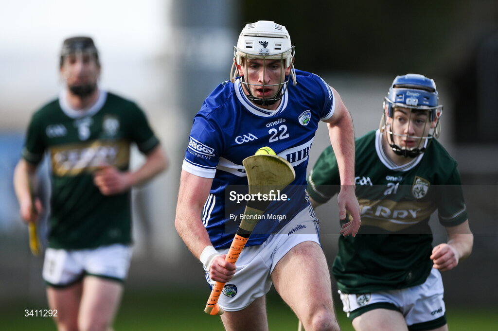 28 March 2026; Gearoid Lynch of Laois in action against Ivan Conway of Kerry during the Allianz Hurling League Division 2 final match between Laois and Kerry at Laois Hire O'Moore Park in Portlaoise, Laois. Photo by Brendan Moran/Sportsfile