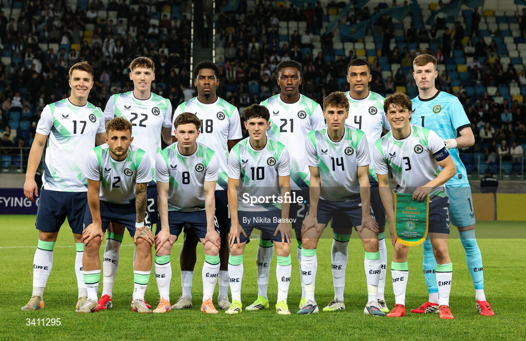 31 March 2026; The Republic of Ireland team, back row, from left, Tommy Lonegran, Oisin Gallagher, Romeo Akachukwu, Jaden Umeh, David Okagbue and Noah Jauny. Front row, from left, Sam Curtis, Jamie Mullins, Aaron Ochoa Moloney, Cathal McCarthy and Conor McManus before the UEFA European U21 Championship qualifier match between Kazakhstan and Republic of Ireland at Turkistan Arena in Turkeistan, Kazakhstan. Photo by Nikita Bassov/Sportsfile