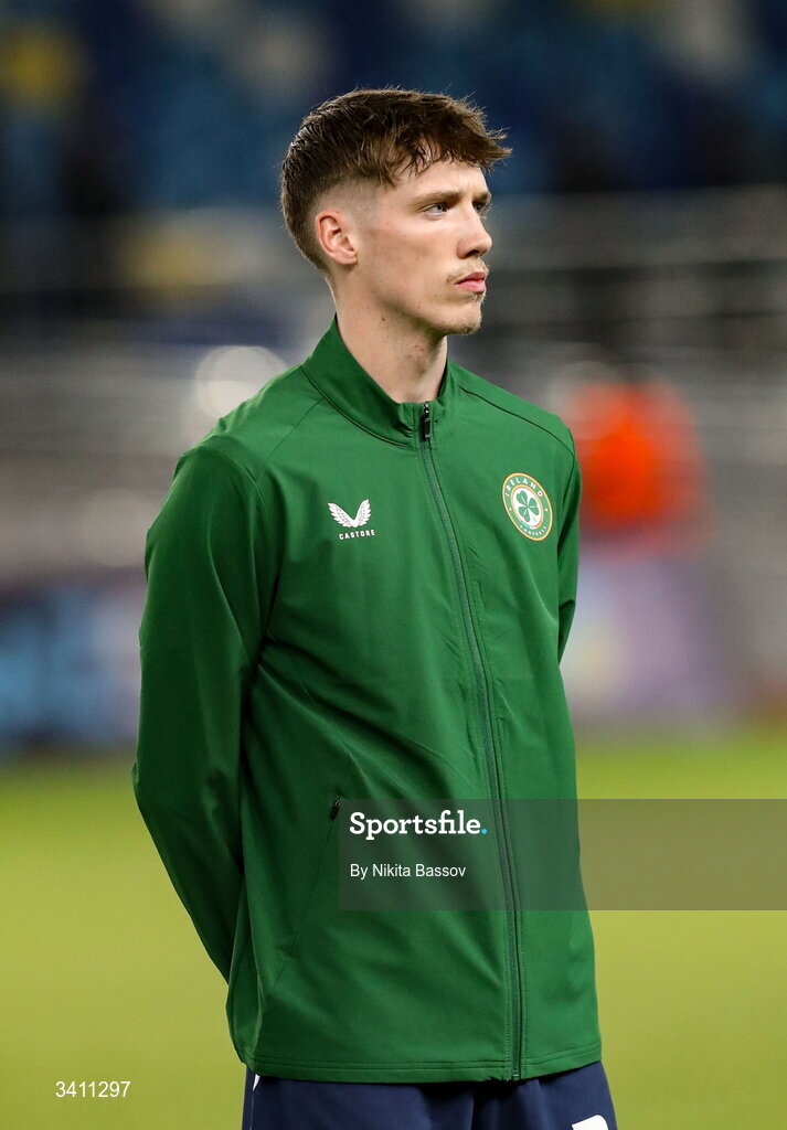 31 March 2026; Oisin Gallagher of Republic of Ireland before the UEFA European U21 Championship qualifier match between Kazakhstan and Republic of Ireland at Turkistan Arena in Turkeistan, Kazakhstan. Photo by Nikita Bassov/Sportsfile