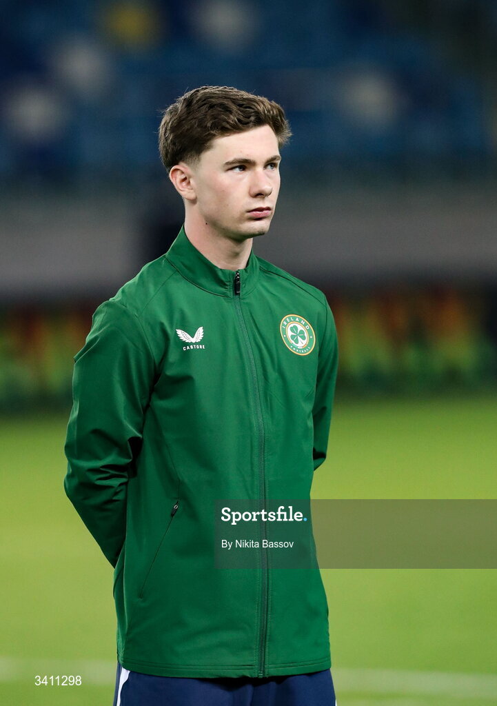 31 March 2026; Jamie Mullins of Republic of Ireland before the UEFA European U21 Championship qualifier match between Kazakhstan and Republic of Ireland at Turkistan Arena in Turkeistan, Kazakhstan. Photo by Nikita Bassov/Sportsfile