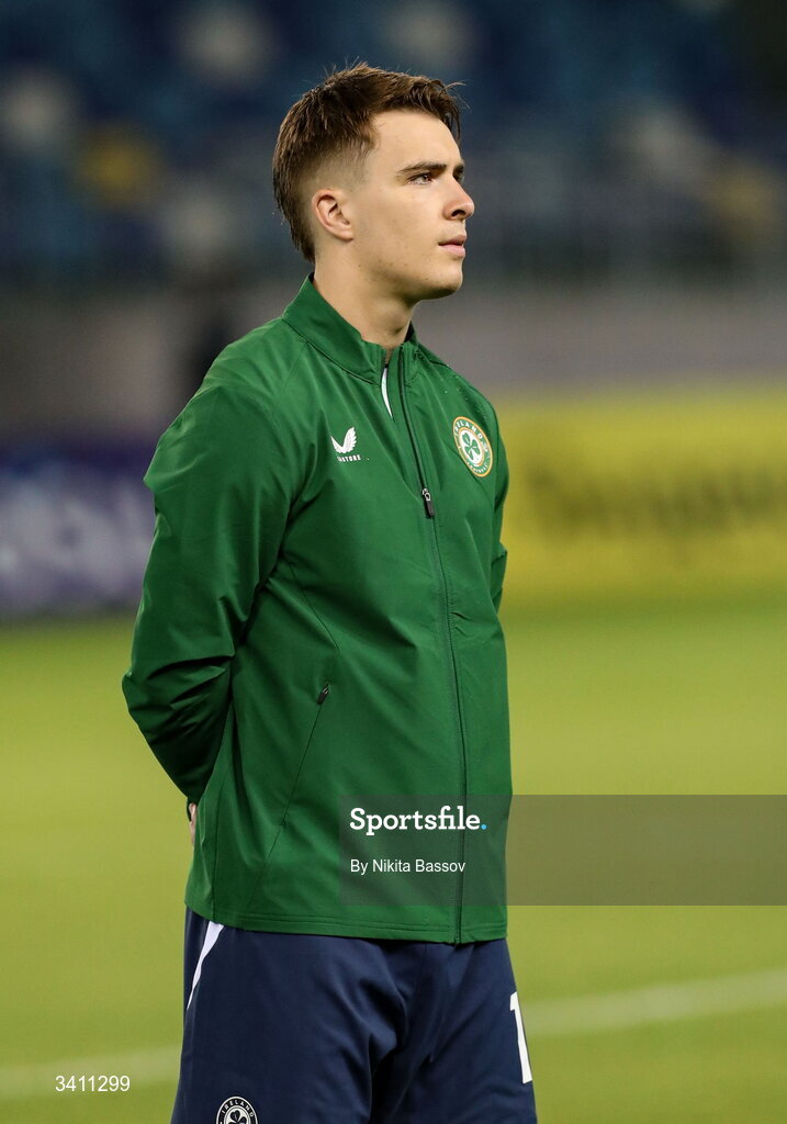 31 March 2026; Tommy Lonegran of Republic of Ireland before the UEFA European U21 Championship qualifier match between Kazakhstan and Republic of Ireland at Turkistan Arena in Turkeistan, Kazakhstan. Photo by Nikita Bassov/Sportsfile
